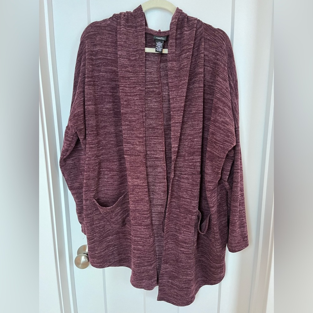 rue21 purple hooded cardigan, size L/XL